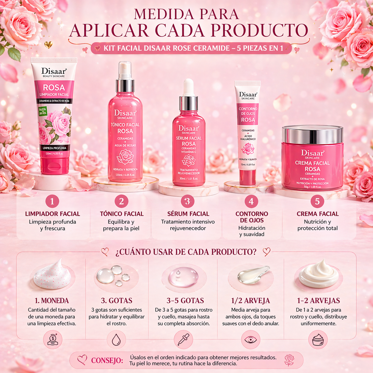 Kit Facial Disaar Rose Ceramide 5 Piezas