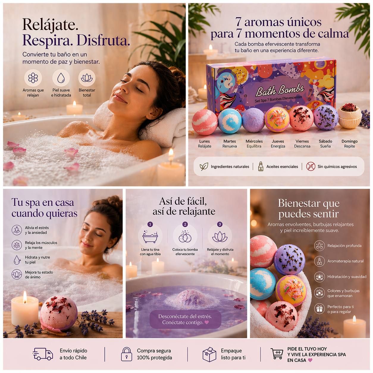 Set de 7 pcs Bombas Efervescentes Bañera